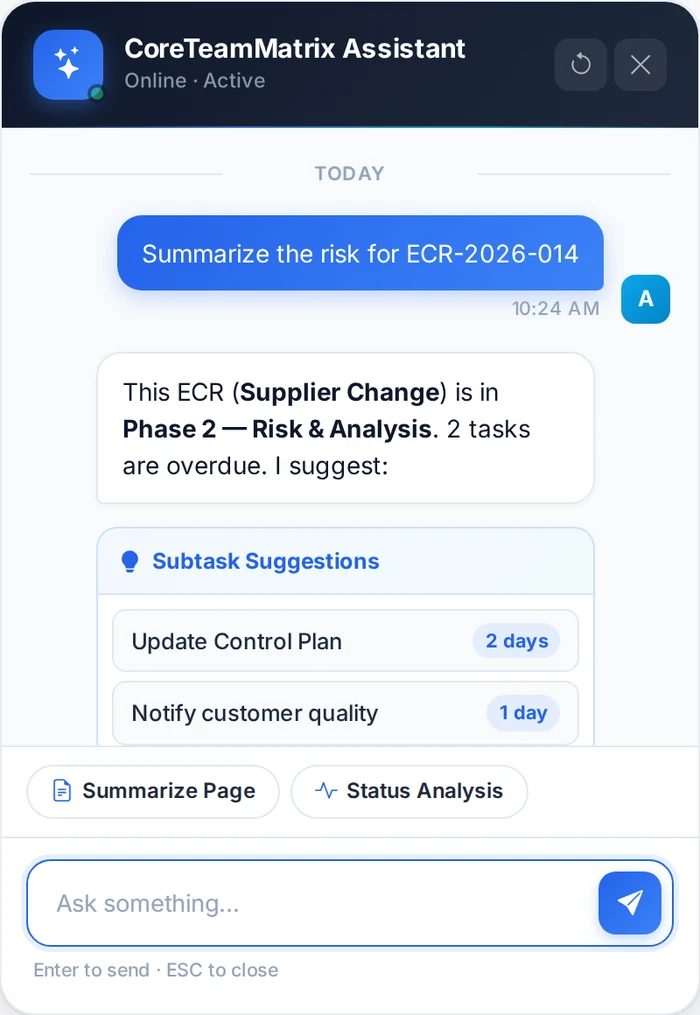 AI Copilot panel suggesting subtasks for an engineering change request